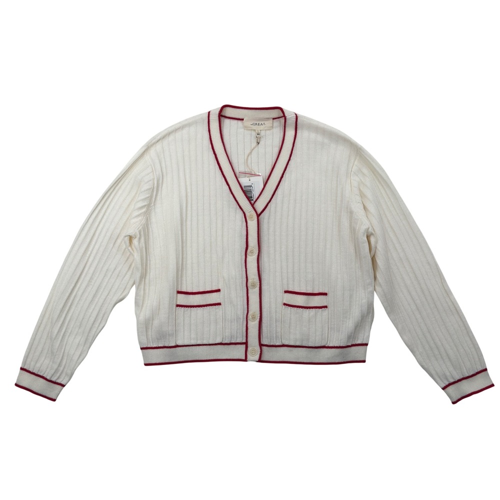 THE GREAT Athletic Knit Cardigan Womens LRG Ivory Retro Ribbed Button Front NWT